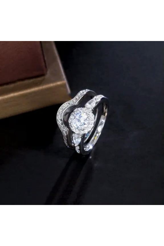 Silver Plated Cubic Zircon Combination Round Finger Ring CZ Party Jewelry Set