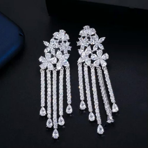 Silver Plated Cubic Zircon Multicolor Flower 925 Silver Long Tassel Drop Earring