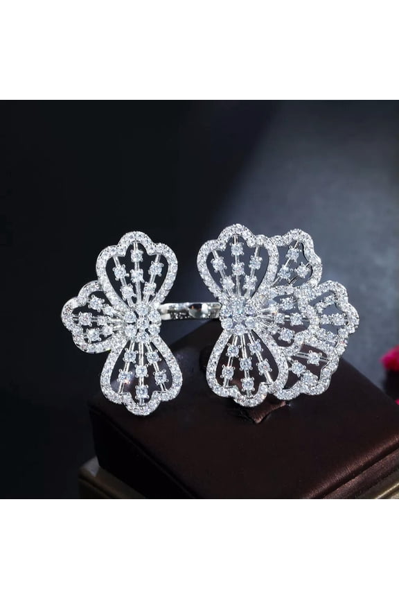 Silver Plated Cubic Zirconia Big Chunky Flower Ring for Women Engagement Jewelry