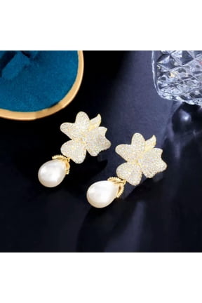 Silver Plated Cubic Zirconia CZ Long Flower Pearl Dangle Drop Earring for Brides