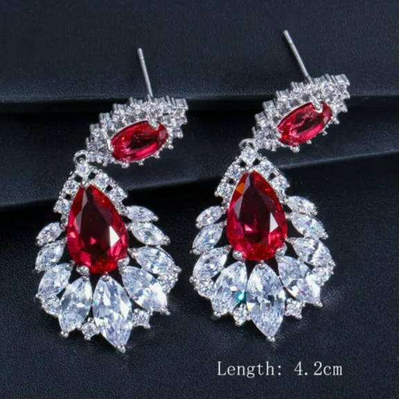 Silver Plated Cubic Zirconia CZ Red Crystal Dangling Wedding Earrings for Women