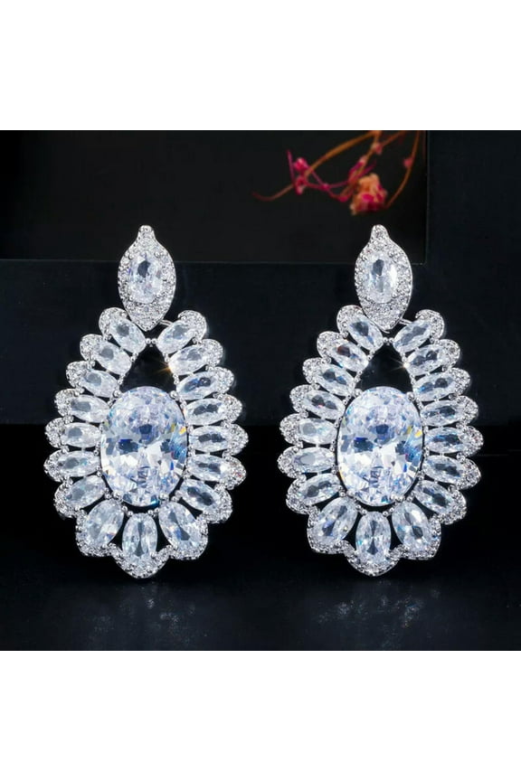 Silver Plated Cubic Zirconia Crystal Long Drop CZ Sterling 925 Silver Earrings