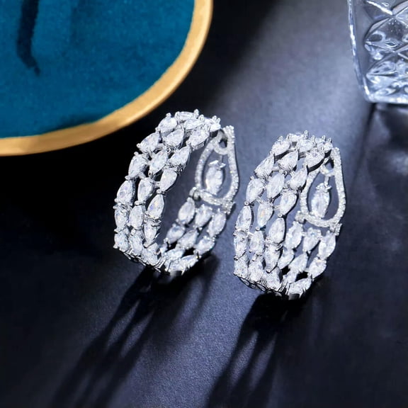 Silver Plated Cubic Zirconia Drop Double Sided Triple Round Chunky Hoop Earrings
