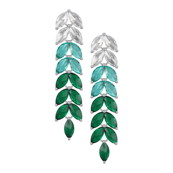 Silver Plated Cubic Zirconia Green Dangling Leaf Earrings