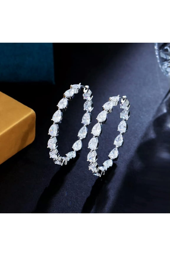 Silver Plated Cubic Zirconia Party Round Big Drop Loop Hoop Earrings for Women