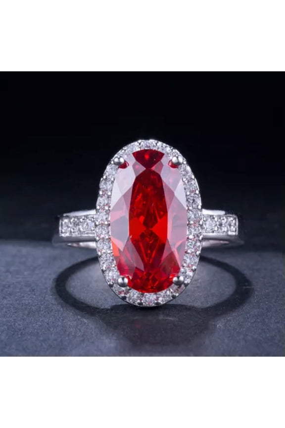 Silver Plated Cubic Zirconia Red Stone Big Oval Shaped Engagement Ring for Women