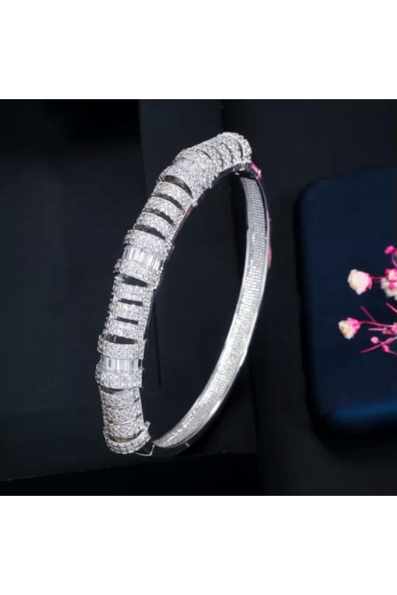 Silver Plated Cubic Zirconia Round Open Cuff Wedding Bangles for Brides Jewelry