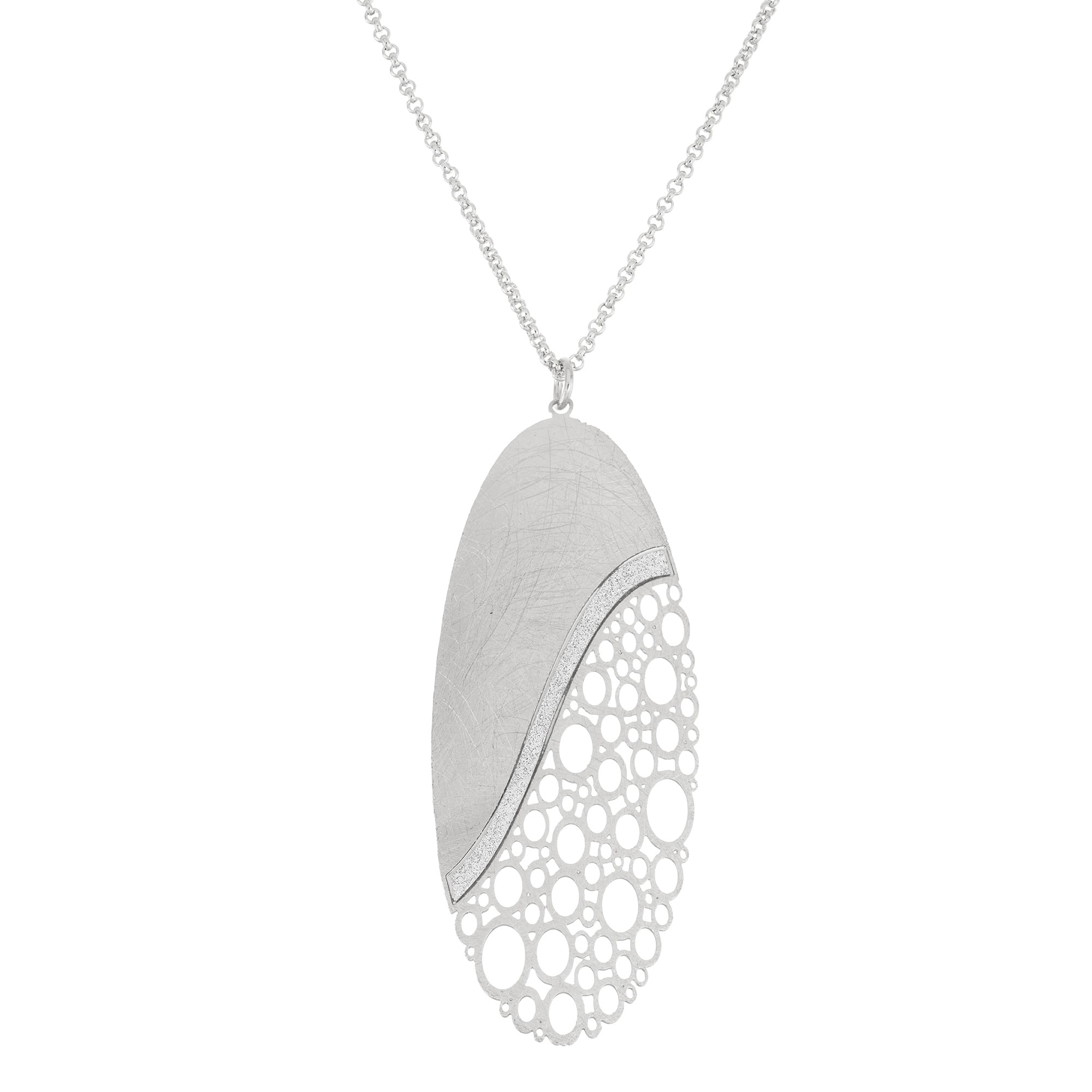 Silver Plated Curved Oval Shape Bubble Pattern Pendant Necklace