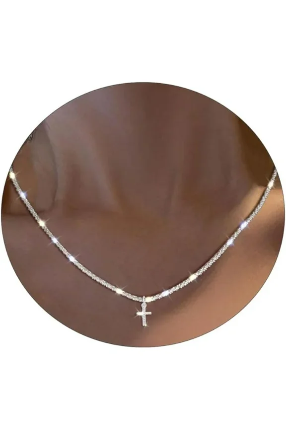 Silver Plated Dainty Cubic Zirconia Cross Pendant Choker Adjustable Twist Rope Chain Necklace