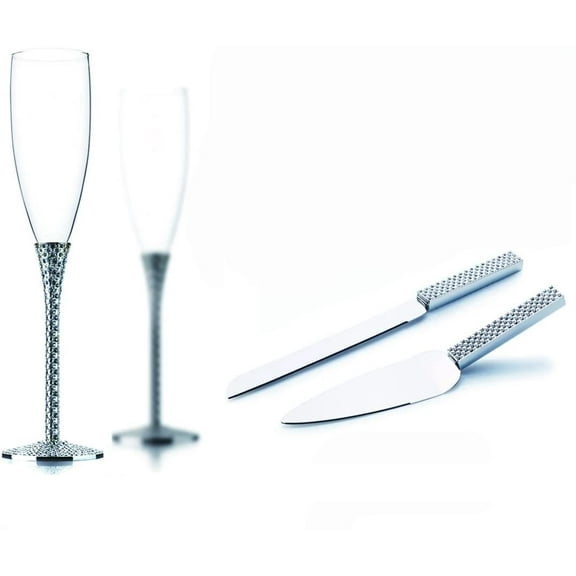 Silver Plated Diamond Wedding Toasting Glass with Knife and Cake Server Set