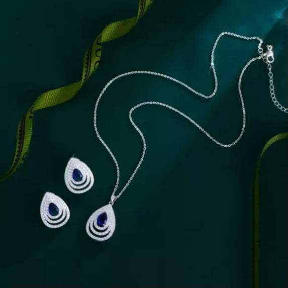 Silver Plated Drop Cubic Zirconia Blue Earrings Necklace Jewelry Set for Women