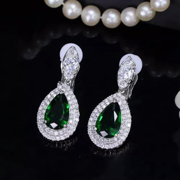 Silver Plated Drop Cubic Zirconia CZ Long Clip on Women Earring Without Piercing