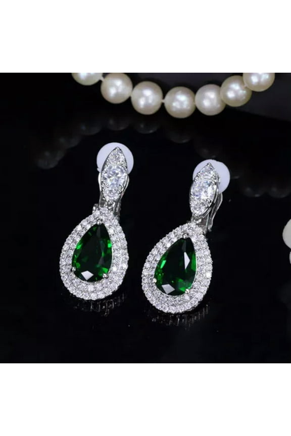 Silver Plated Drop Cubic Zirconia CZ Long Clip on Women Earring Without Piercing