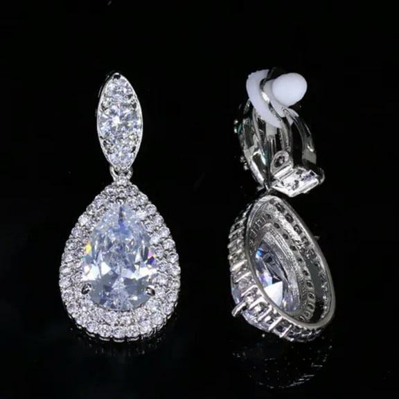 Silver Plated Drop Cubic Zirconia CZ Long Clip on Women Earring Without Piercing