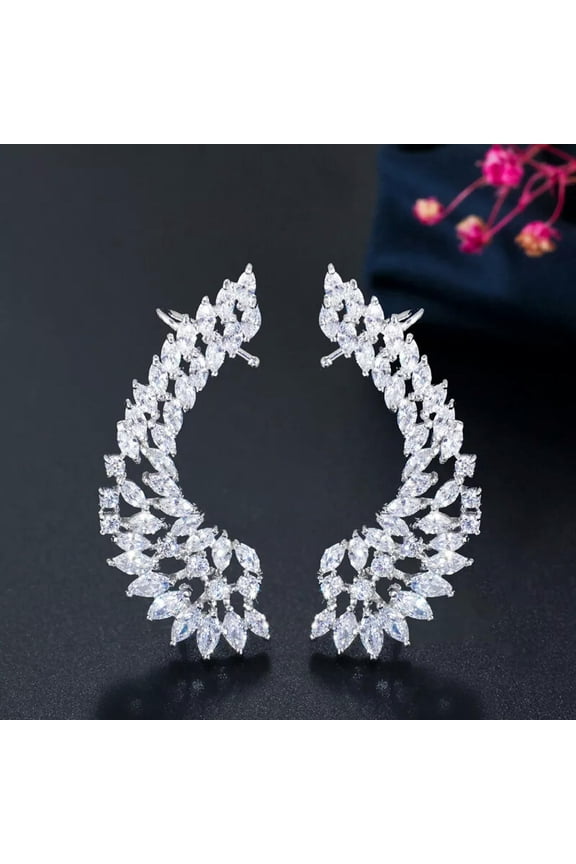 Silver Plated Ear Cuff Cubic Zircon Wing Clamp Clip on Earrings for Women Party