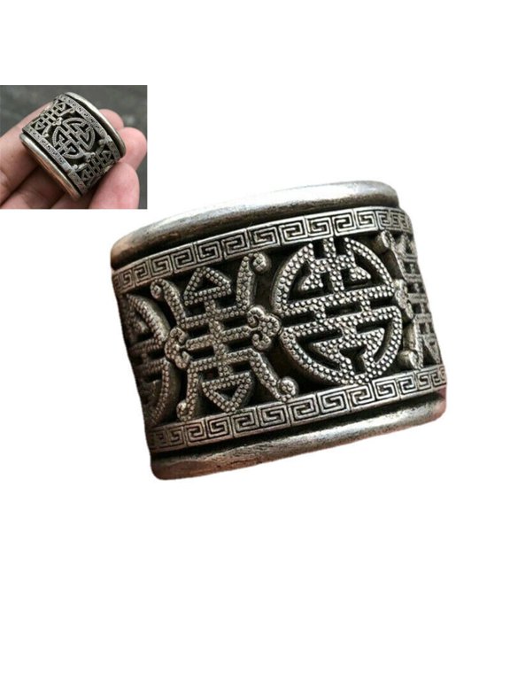 Silver Plated Finger Ring Handcarved Fu Shou Tibetan Chinese Cultural Symbolism Jewelry Unisex Men Women