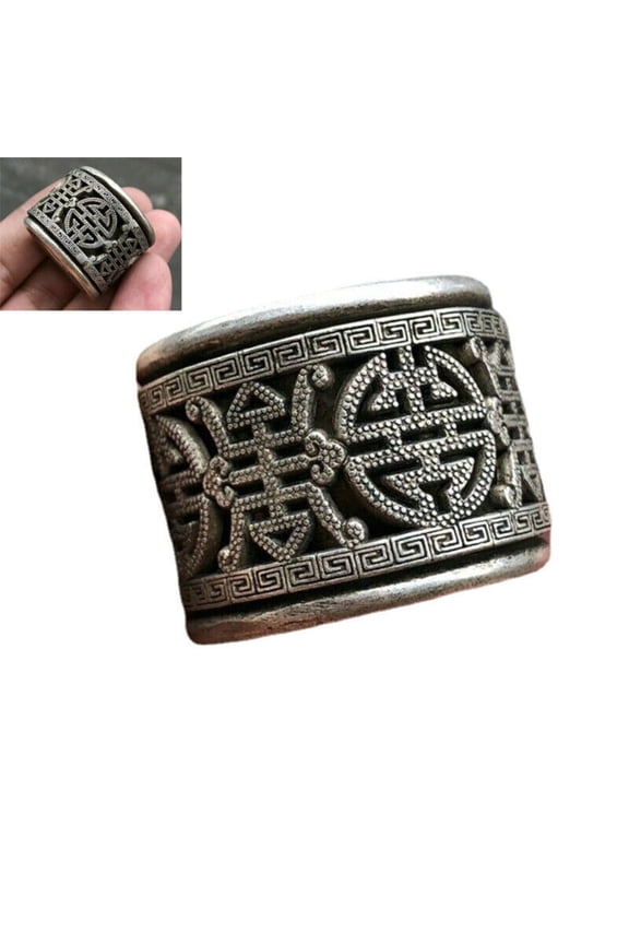 Silver Plated Finger Ring Handcarved Fu Shou Tibetan Chinese Cultural Symbolism Jewelry Unisex Men Women