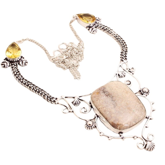 Silver Plated Fossil Coral Gemstone Necklace Handmade Jewelry For Women - Ethnic Designer 18" Necklace For Women Gift For Her 27 Gms N-1430