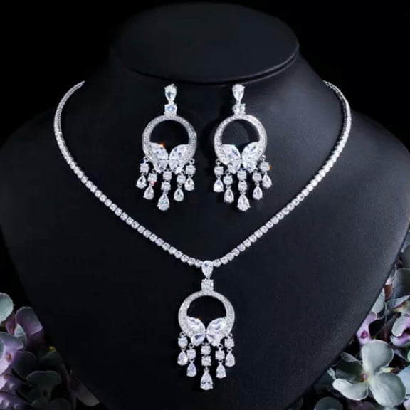 Silver Plated Green CZ Big Round Tassel Drop Necklace Earrings Prom Jewelry Set