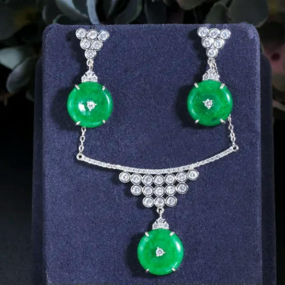 Silver Plated Green CZ Round Flower Earring Pendant Necklace Fashion Jewelry Set