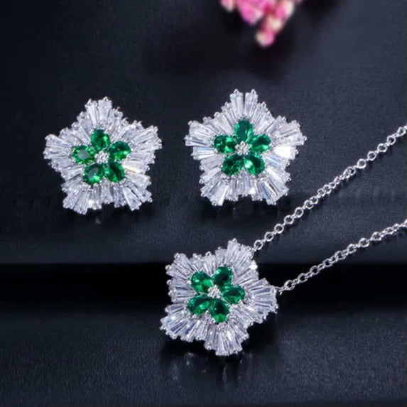 Silver Plated Green CZ Round Flower Earring Pendant Necklace Fashion Jewelry Set