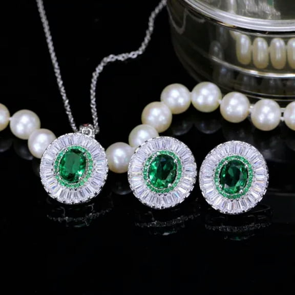 Silver Plated Green CZ Round Flower Earring Pendant Necklace Fashion Jewelry Set