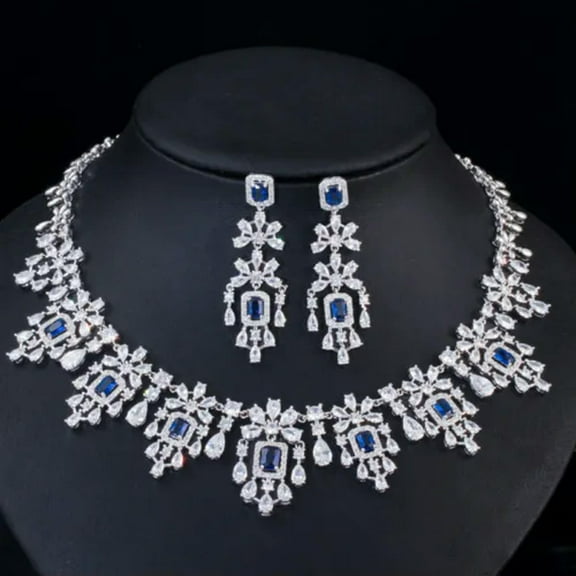 Silver Plated Green Cubic Zirconia Bridal Wedding Necklace Earrings Jewelry Set