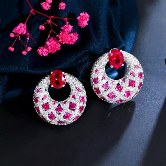 Silver Plated Hot Pink Red Cubic Zircon Big Round Oval Cut Dangle Drop Earrings