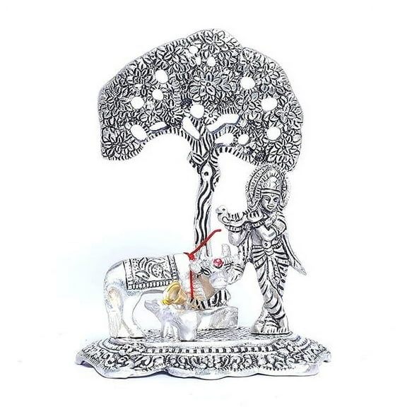 Silver Plated Kamdhenu Cow with Krishna Standing Under Tree Plying Flute Metal Statue,Krishna Murti Idol for Pooja & Decor Your Home,Office,Showpiece