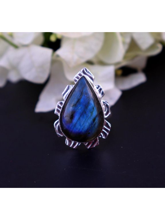 Silver Plated Labradorite Ring Handmade Brass Jewelry, Dainty Boho Healing Ring US"8