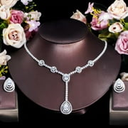 GWENDOGO Silver Plated Long Drop Earrings Wedding Necklace Cubic Zirconia CZ Jewelry Set