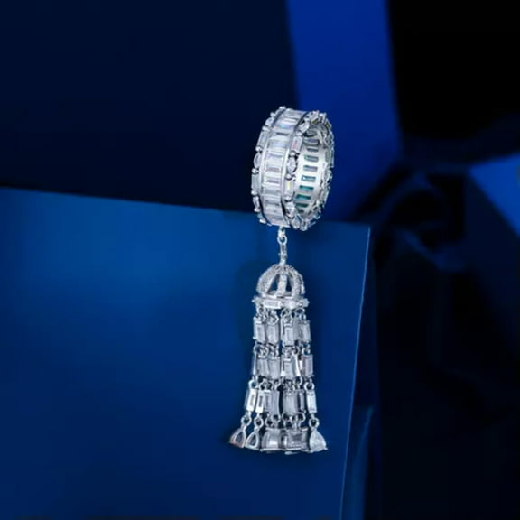 Silver Plated Long Tassel Charms CZ Wedding Band Ring for Women Cocktail Party