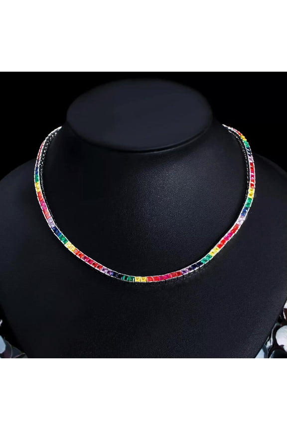 Silver Plated Multicolor Rainbow CZ Women Square Choker Necklace Boho Jewelry