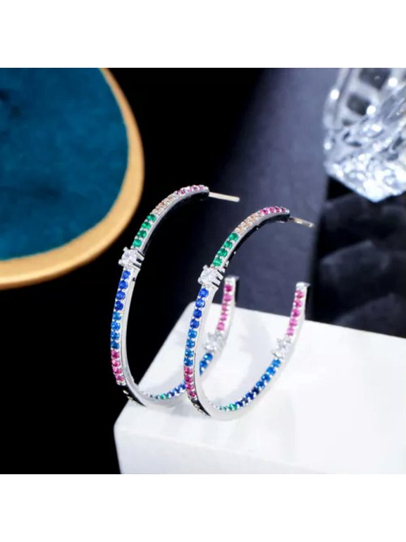 Silver Plated Multicolored Cubic Zircon Big Loop Round Hoop Earrings for Ladies