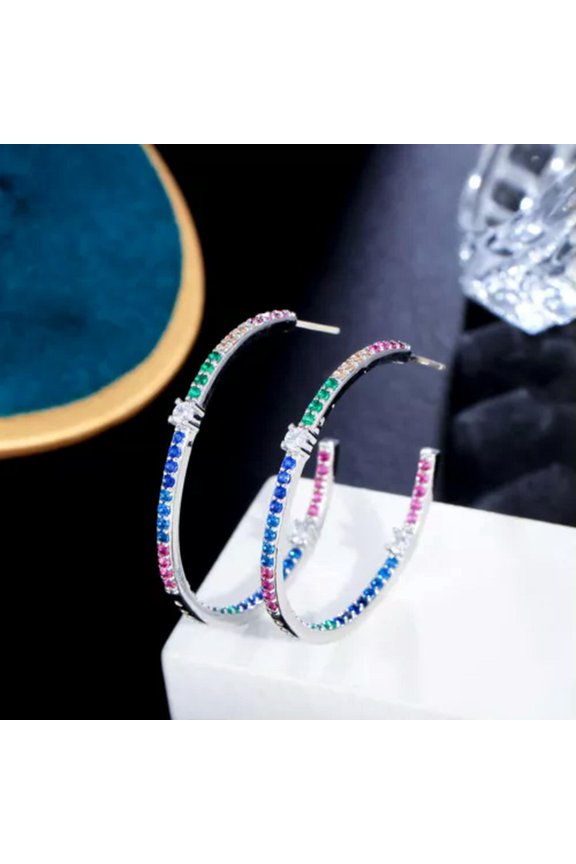 Silver Plated Multicolored Cubic Zircon Big Loop Round Hoop Earrings for Ladies