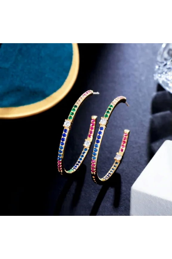 Silver Plated Multicolored Cubic Zircon Big Loop Round Hoop Earrings for Ladies