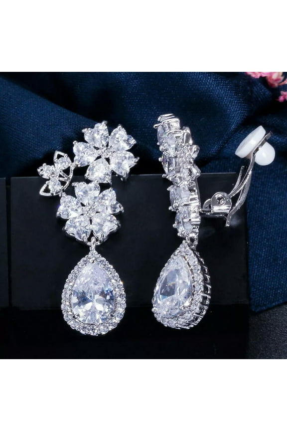 Silver Plated No Hole Flower Drop Cubic Zircon Clip On Earrings Non Pierced Ears
