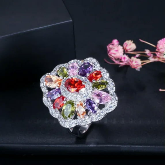 Silver Plated Oval Shaped Cluster Cubic Zircon Women Big Flower Engagement Ring