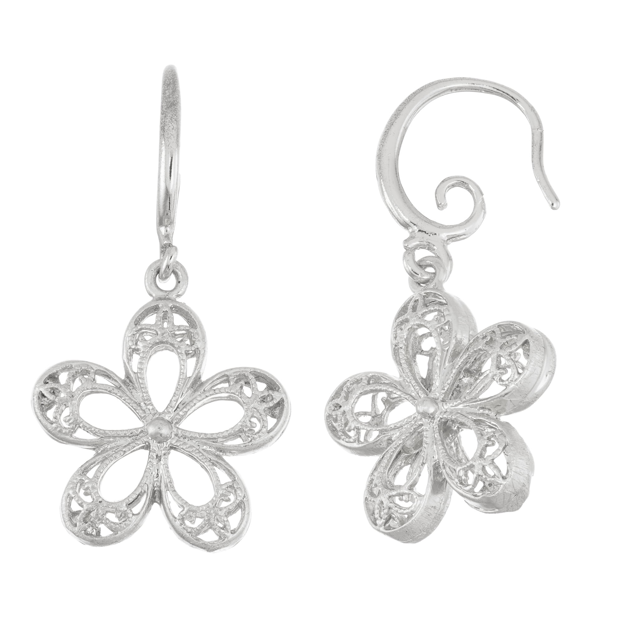 Silver Plated Puffed Filigree Flower Dangling Earring
