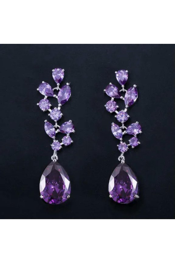 Silver Plated Purple Cubic Zirconia Women Long Leaf Drop Bridal Wedding Earrings