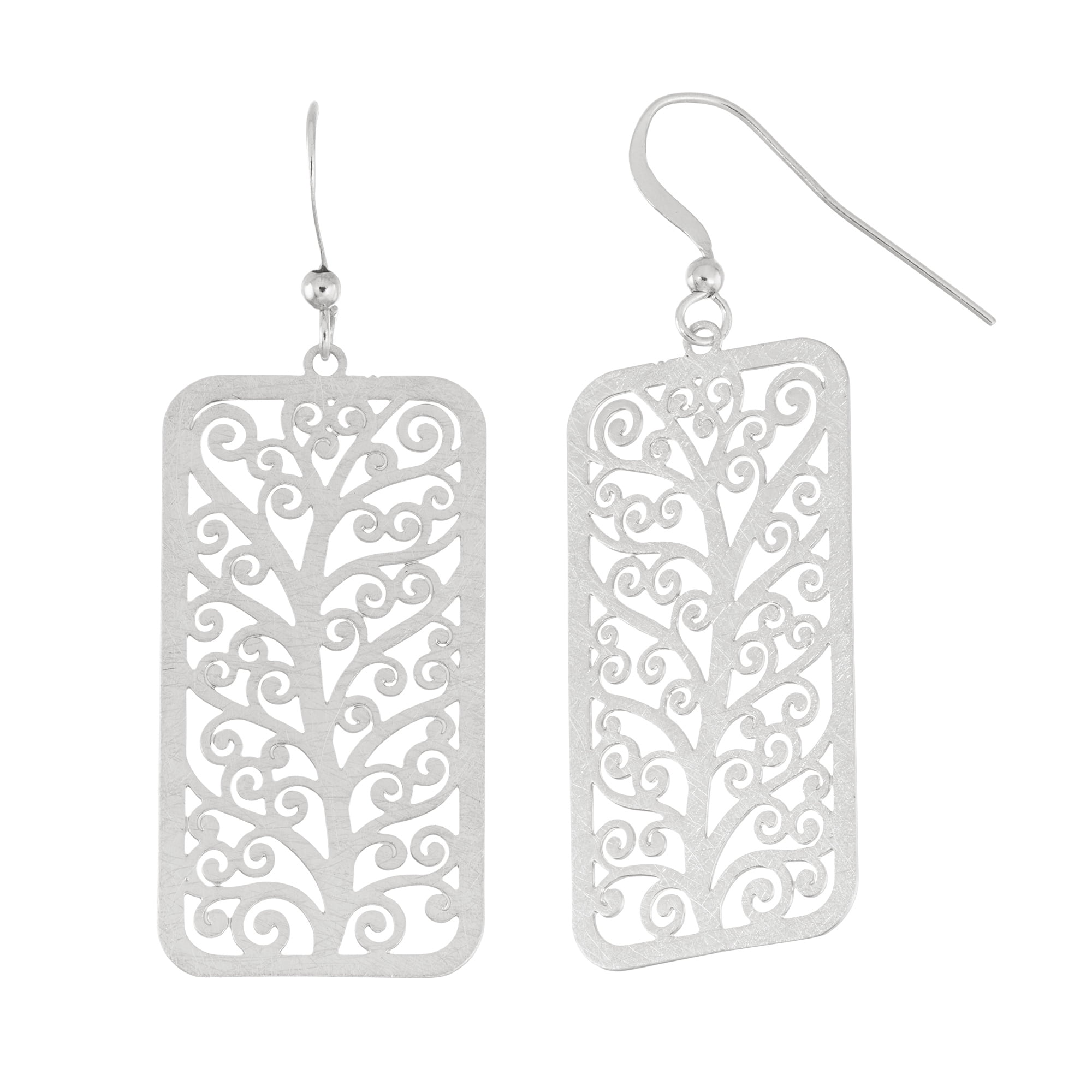 Silver Plated Rectangular Shape Stamped Tree of Life Dangle Earring