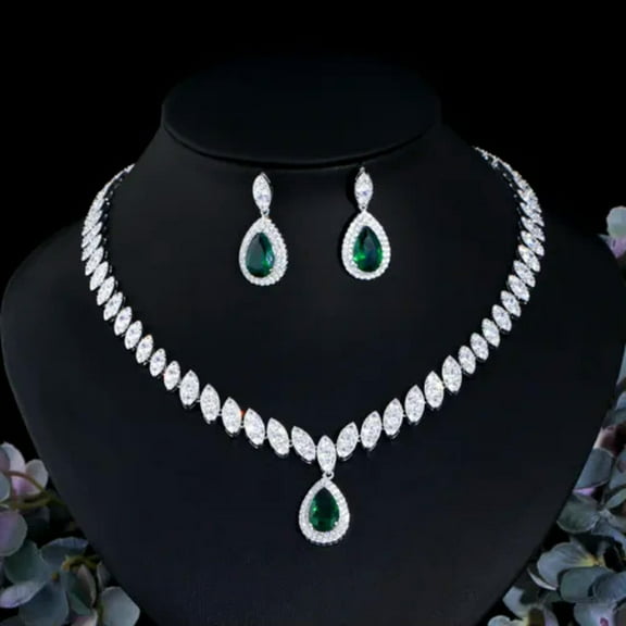 Silver Plated Red CZ Leaf Necklace Earrings Luxury Bridal Wedding Jewelry Set