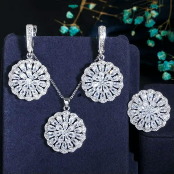 Silver Plated Red Cubic Zircon Round Sunflower Necklace Earring Ring Jewelry Set