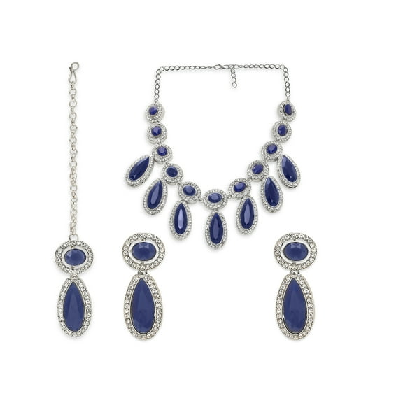 Silver Plated Rhinestone Choker Necklace Earrings Tikka Set