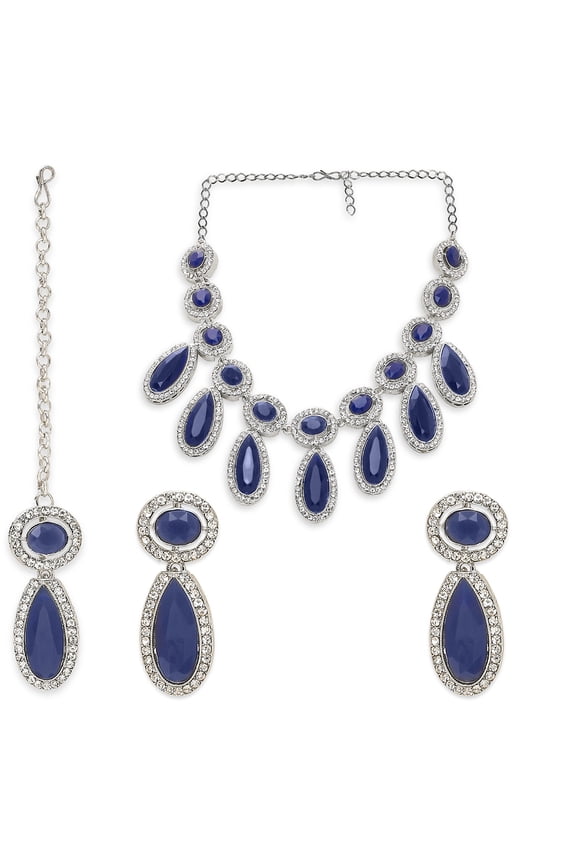 Silver Plated Rhinestone Choker Necklace Earrings Tikka Set