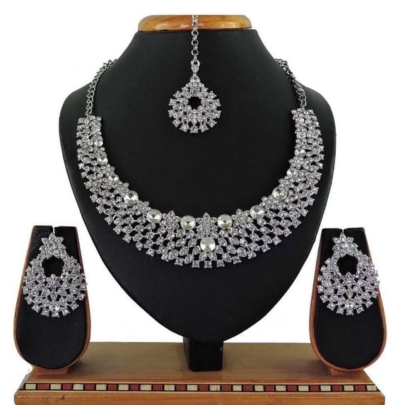 PARSHWA CREATIONS Silver Rhinestone Choker Necklace, Earrings, Tikka Set