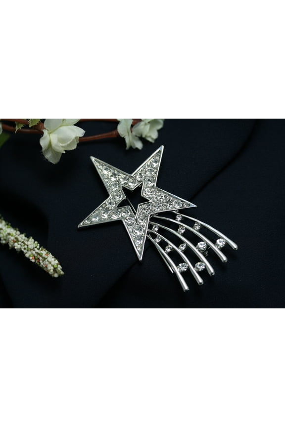 Silver Plated Rhinestone Shooting Star Brooch Pin