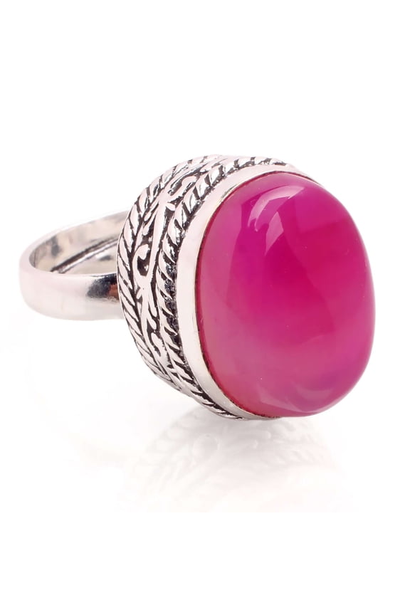 Silver Plated Ring Jewelry For Womens - Pink Agate Gemstone Handmade Ring - Size Adjustable - Fashion Jewelry Gift For Her - Bohemian style Statement Ring For Women - R-410