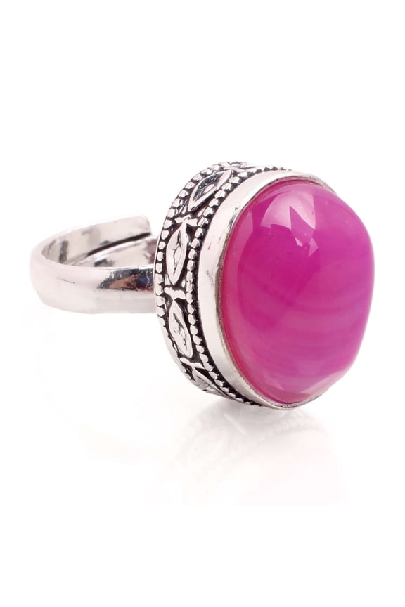 Silver Plated Ring Jewelry For Womens - Pink Agate Gemstone Handmade Ring - Size Adjustable - Fashion Jewelry Gift For Her - Bohemian style Statement Ring For Women - R-473