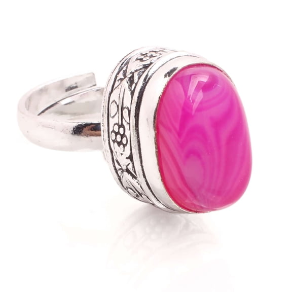 Silver Plated Ring Jewelry For Womens - Pink Agate Gemstone Handmade Ring - Size Adjustable - Fashion Jewelry Gift For Her - Bohemian style Statement Ring For Women - R-544